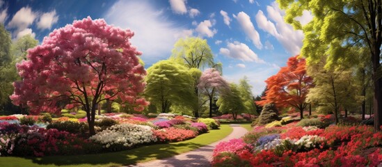 In the vibrant beauty of summer, nature gracefully adorns itself with an array of colorful flowers, scattering their leaves in hues of white, pink, and red across the green gardens of a splendid park - obrazy, fototapety, plakaty
