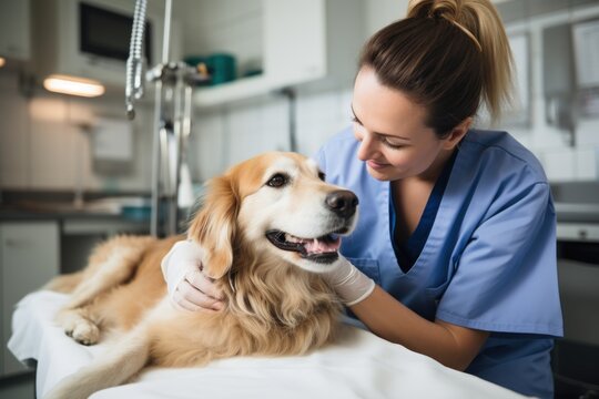 A photo of a Veterinarian treating a dog. natural lighting. Generative AI.