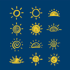 collection of sun and sunrise hand drawn doodle icon for kids drawing illustration design