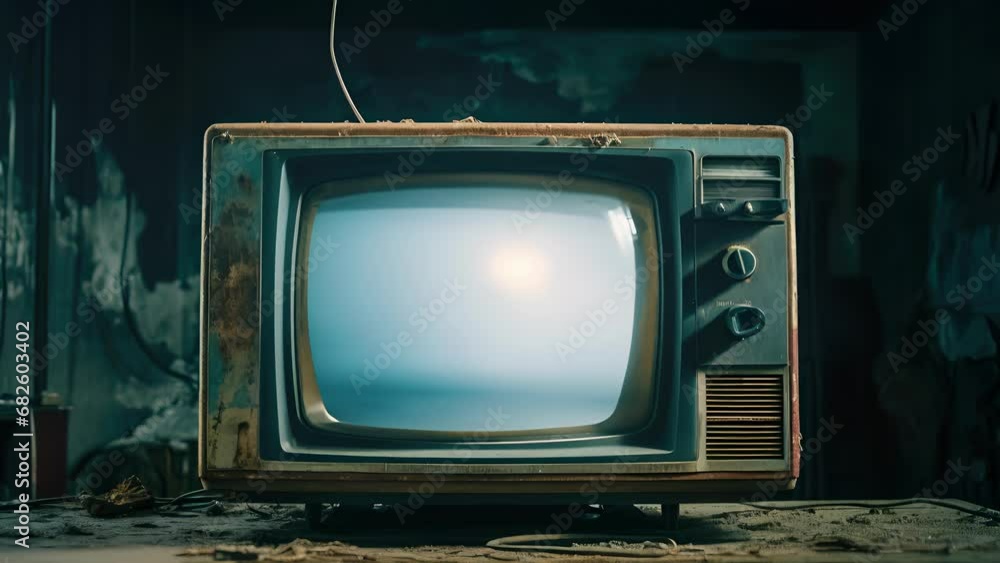 Poster an ancient cathode tube tv dented and decomposed without a working remote control. its graytinted di
