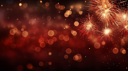 Dark red bokeh light and Fireworks in New Year eve with space for text, red christmas background