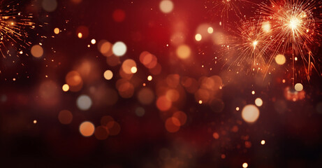Dark red bokeh light and Fireworks in New Year eve with space for text, christmas lights background