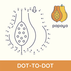 Connect dot to dot fun game cartoon Papaya exercise. Coloring educational game for preschool kids and children. Fruit and vegetable leisure activity worksheet vector illustration
