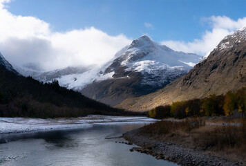 Mountain landscape with a river and snow-capped peaks.