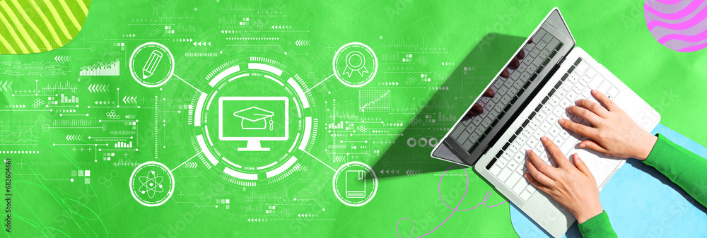 Poster e-learning concept with person using a laptop computer