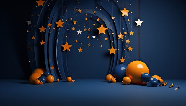 Moon and stars ornements, photo backdrop, blue background
