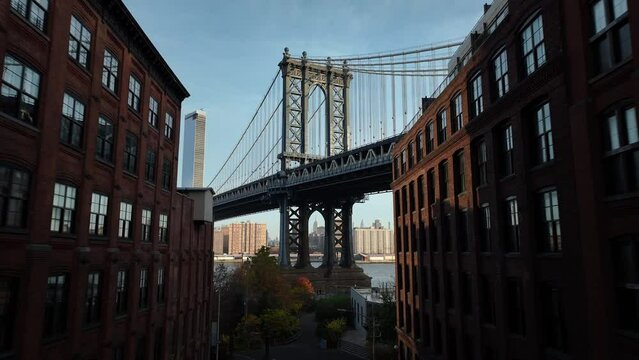 Aerial shot of DUMBO and The Manhattan Bridge on an autumn morning.