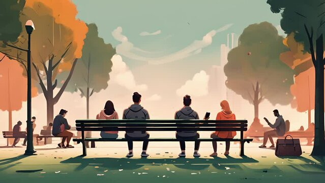Minimal flat motion of a person sitting at a park bench, surrounded by other people on their phones, all swiping through dating apps. 2D cartoon animation. .