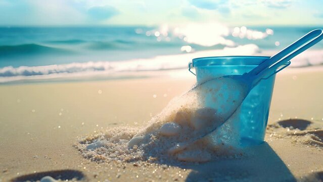 As the sea breeze blows, the sand inside the pail catches the light and sparkles like tiny diamonds. The shovels blade also reflects the sunlight, making it seem almost magical.