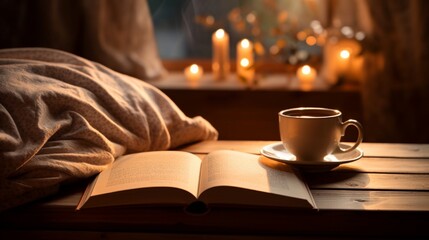 Morning Coffee on an Illuminated Desk and open book  generated by AI tool 