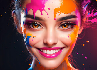 Portrait of a handsome young woman with colorful paint splashes on his face.