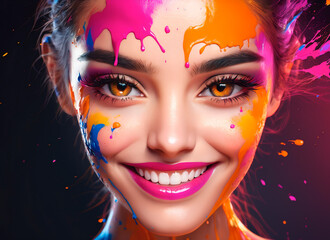 Fototapeta premium Portrait of a handsome young woman with colorful paint splashes on his face.