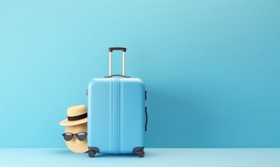 Obraz premium Blue suitcase with sun glasses, hat and camera on pastel blue background. travel concept minimal . 3d rendering, Generative AI 