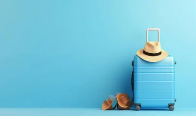 Foto op Plexiglas Blue suitcase with sun glasses, hat and camera on pastel blue background. travel concept minimal . 3d rendering, Generative AI  © Richa