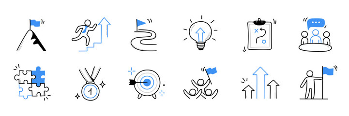 Business progress, challenge doodle icon set. Hand drawn sketch business opportunity, career progress, professional goal cute trendy doodle icon. Career talent, leader concept. Vector illustration - obrazy, fototapety, plakaty
