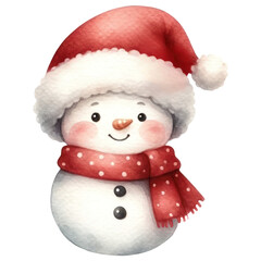 Fototapeta premium Cute Christmas Snowman wearing Santa hat, Watercolor, Isolated on Transparent Background. Generative AI