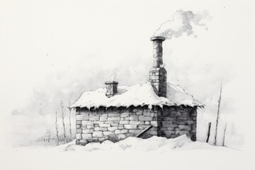 Snowy Chimney, white background , drawing