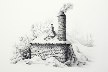 Fototapeta premium Snowy Chimney, white background , drawing