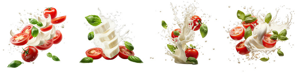 Falling slices of mozzarella tomatoes and basil Hyperrealistic Highly Detailed Isolated On Transparent Background Png File - obrazy, fototapety, plakaty