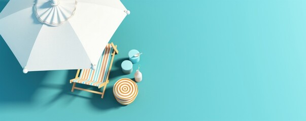 Top view Beach umbrella with chairs and beach accessories on blue background. summer vacation concept. 3d rendering, Generative AI 