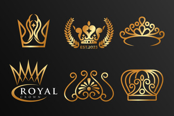 Set of golden crowns logo design vector. Beautiful elegant tiaras for queen and king.