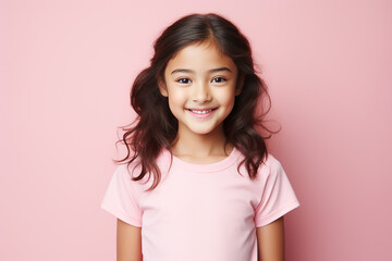 Generative AI Image of Little Girl with Smiling Expression on Pink Wall Background