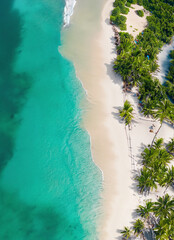 Top view of beautiful white sand beach with turquoise sea water and palm trees, aerial drone shot