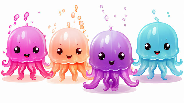 colorful giggling jelly creatures in cute funny with cartoon on white background
