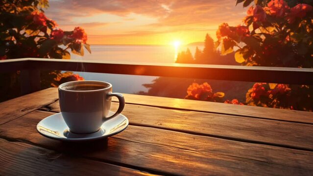 cup of coffee on the table with a view at sunset. smooth virtual time-lapse 4k video animation background. Generated with AI