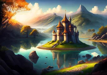 Poster realistic illustration of old castle isolated by lake with mountain landscape background © ANTONIUS