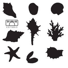 set of sea shells vector silhouette, shell, Neptunea, Coral, BEIGE shell - obrazy, fototapety, plakaty