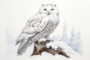Fototapeta premium Snowy Owl, white background , drawing