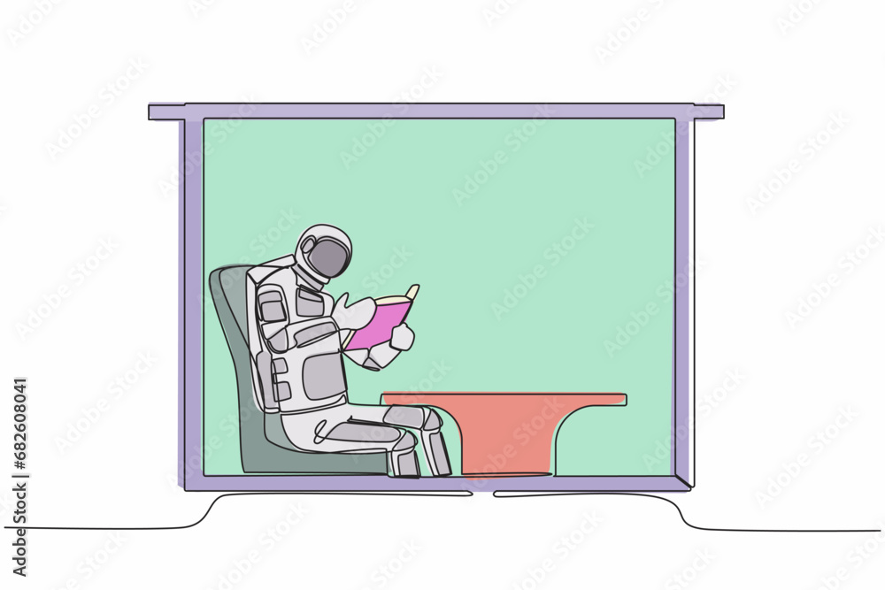 Poster continuous one line drawing astronaut sitting in chair and reading book in moon surface. sitting in 