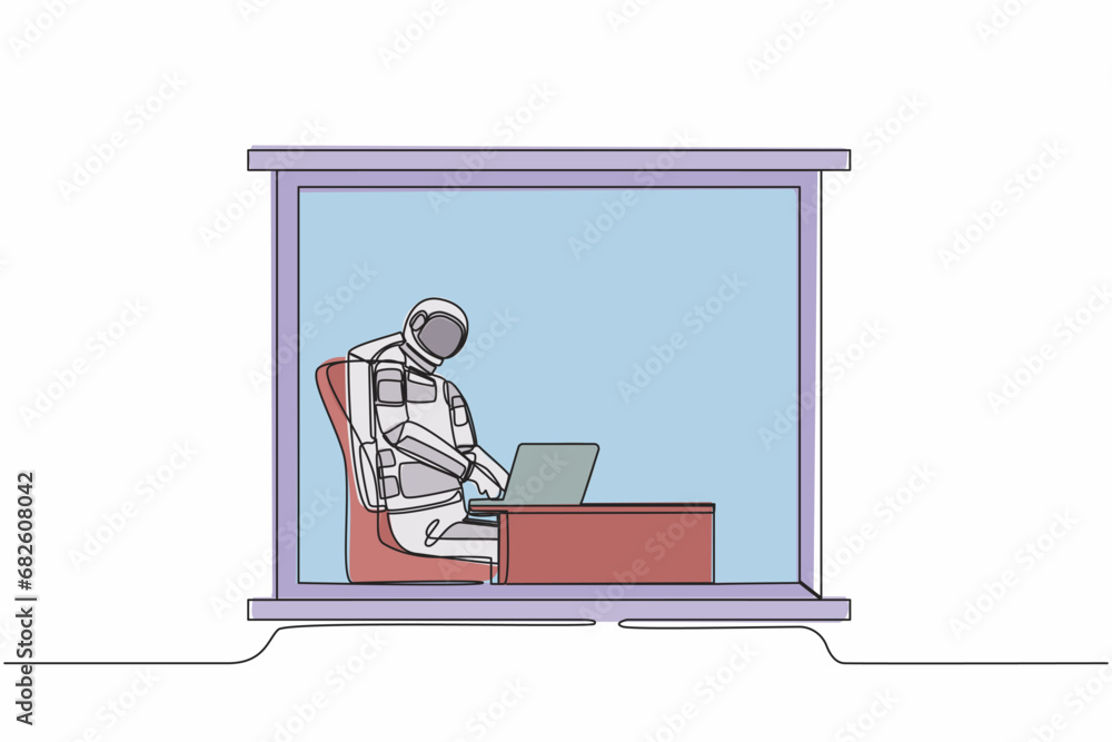 Poster single one line drawing young astronaut sitting and working at desk and using laptop near window in 