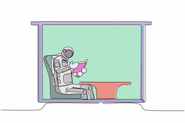 Continuous one line drawing astronaut sitting in chair and reading book in moon surface. Sitting in armchair near window in living room. Cosmonaut outer space. Single line design vector illustration