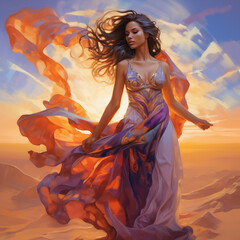  The woman is dressed in a flowing gown, her hair flowing in the wind. The lighting is warm and diffused, casting long shadows on the sand.Ai generative,Ai