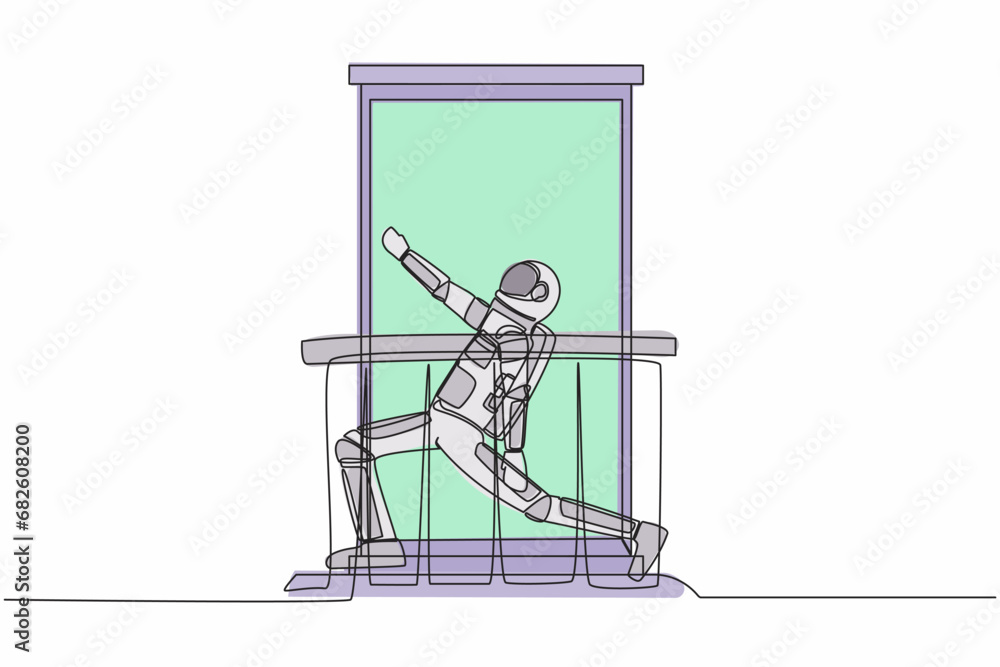 Poster continuous one line drawing astronaut with headphone practices yoga near window or balcony in moon s