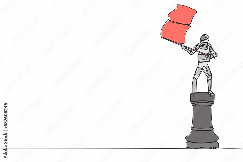 Poster continuous one line drawing astronaut standing on top rook chess and waving flag. celebrating suprem