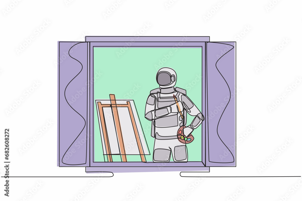 Poster continuous one line drawing astronaut painter drawing near window, holding paint brush and palette, 