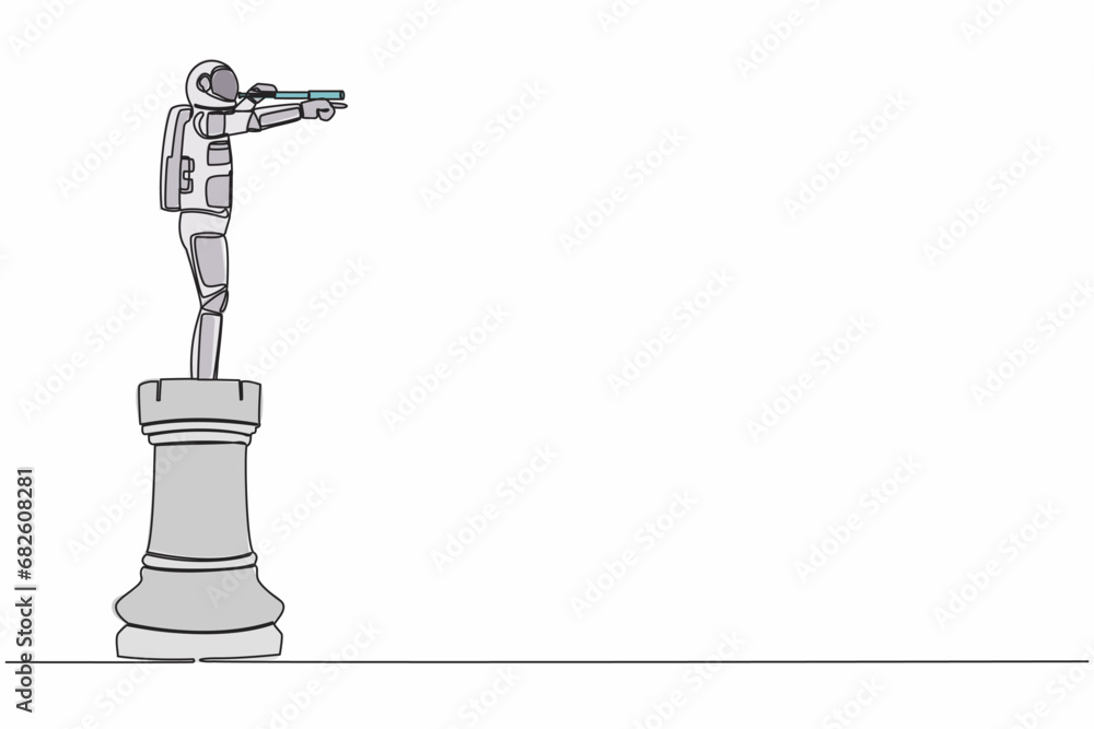 Poster single continuous line drawing young astronaut on top of big rook chess piece using monocular in moo