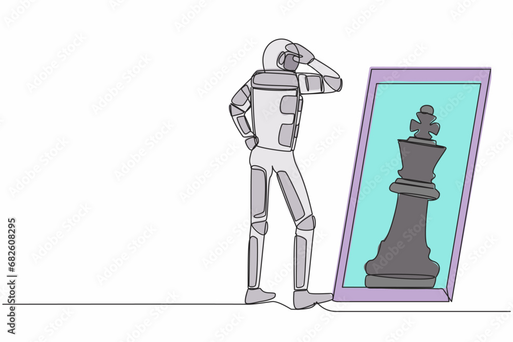 Poster single continuous line drawing astronaut standing in front of mirror reflecting chess king. imaginat