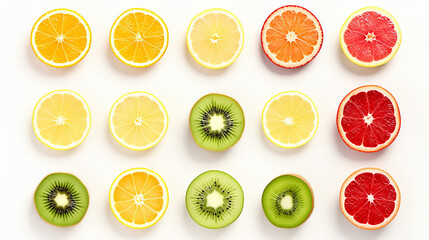 fruit background with collection of fruit juice colorful splashes isolated on white background