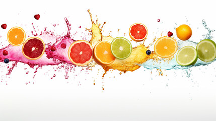 fruit background with collection of fruit juice colorful splashes isolated on white background