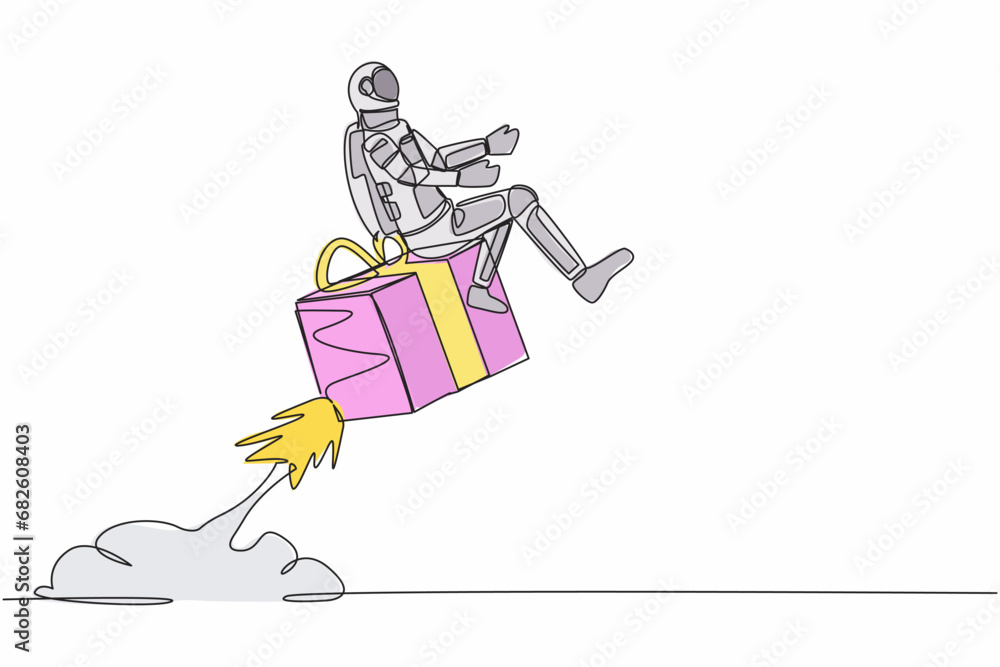 Poster single continuous line drawing of young astronaut riding gift box rocket flying in moon surface. fas