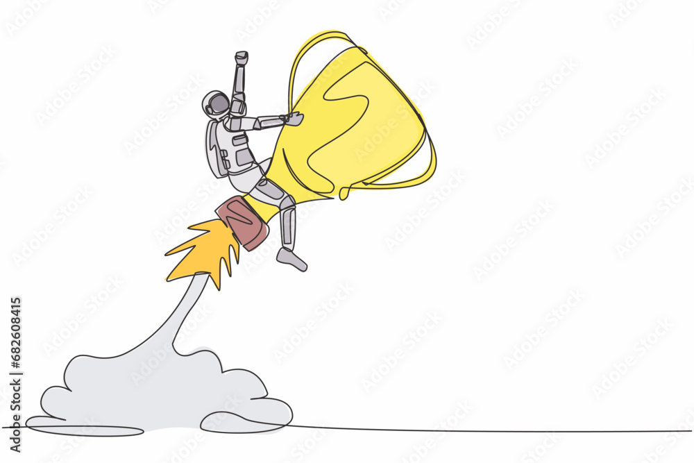 Aufkleber continuous one line drawing astronaut riding trophy rocket flying in moon surface. improve science c