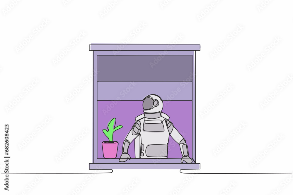 Poster continuous one line drawing astronaut looking outside window in moon surface. spaceman with a plant 