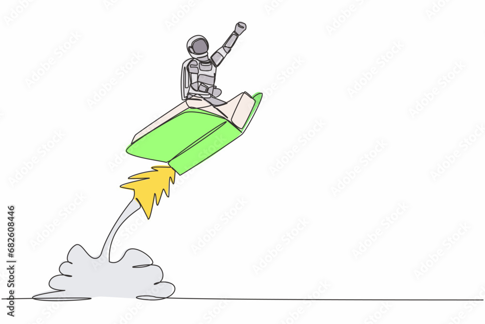 Aufkleber single one line drawing young astronaut riding book rocket flying in moon surface. increase tech abi