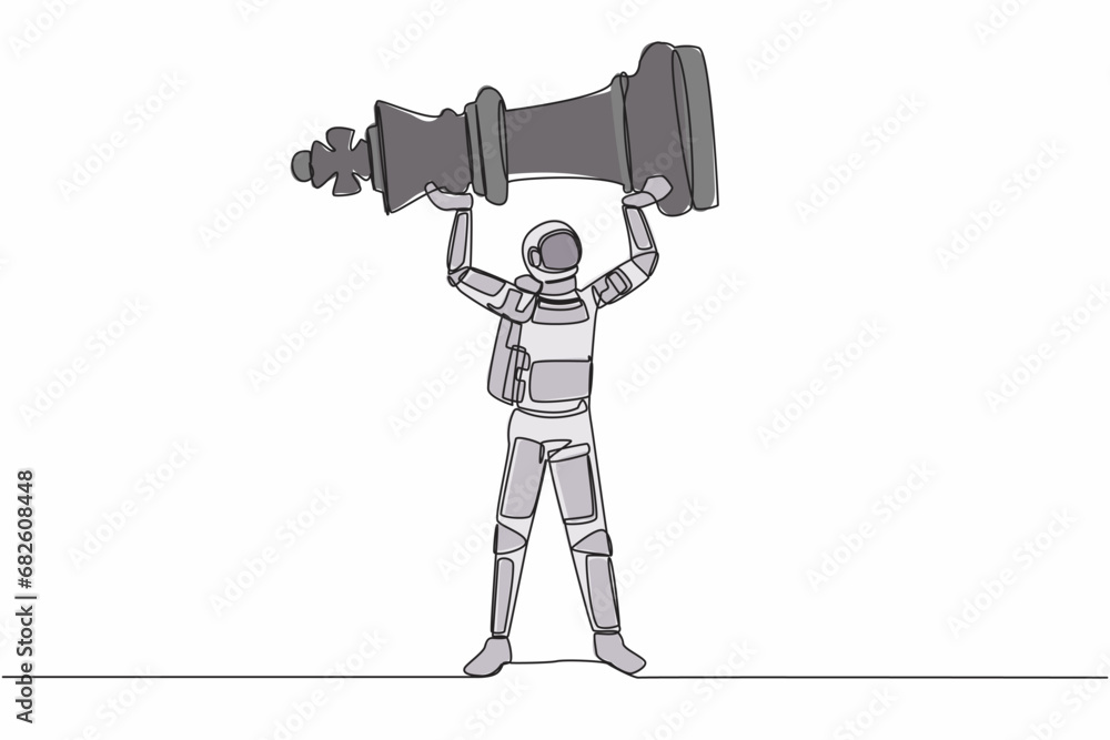 Poster single one line drawing astronaut standing and lifting up king chess piece. supremacy and victory in