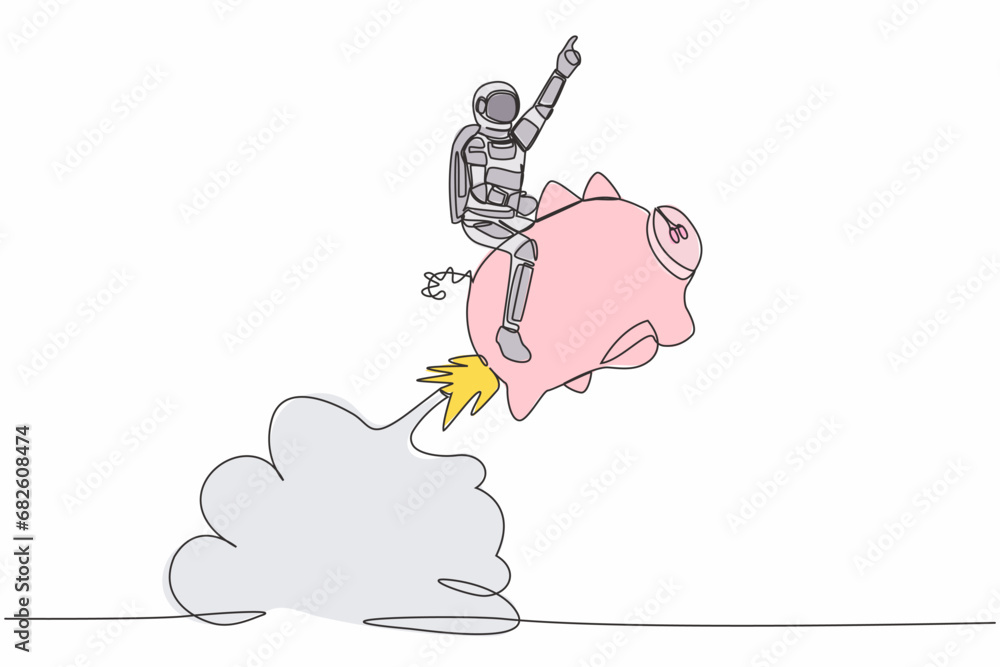 Poster continuous one line drawing astronaut riding piggy bank rocket flying in moon surface. financial pla