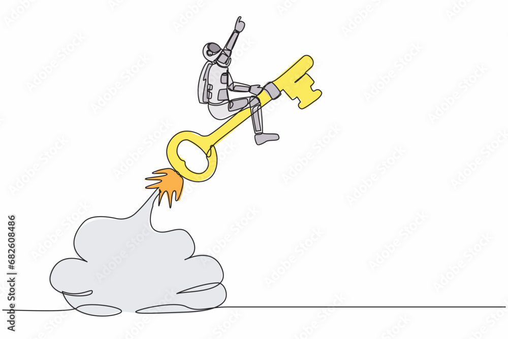 Poster single one line drawing of young astronaut riding key rocket flying in moon surface. searching succe